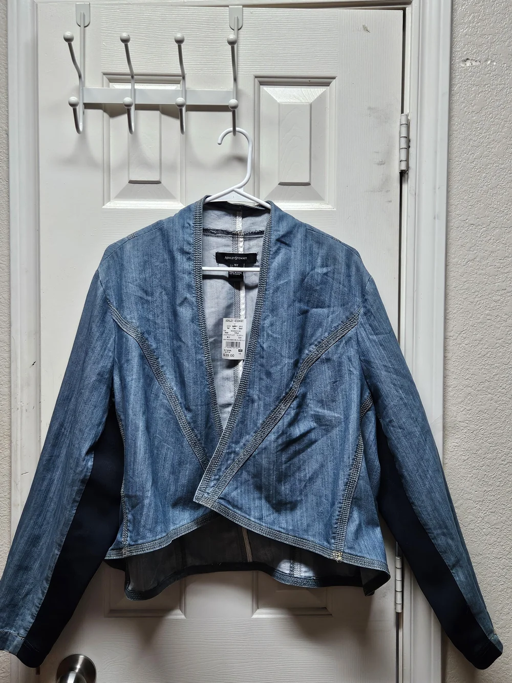 Ashley Stewart Lt Blue Open Front Denim- Style Jacket W/navy Blue Panels Sz16w